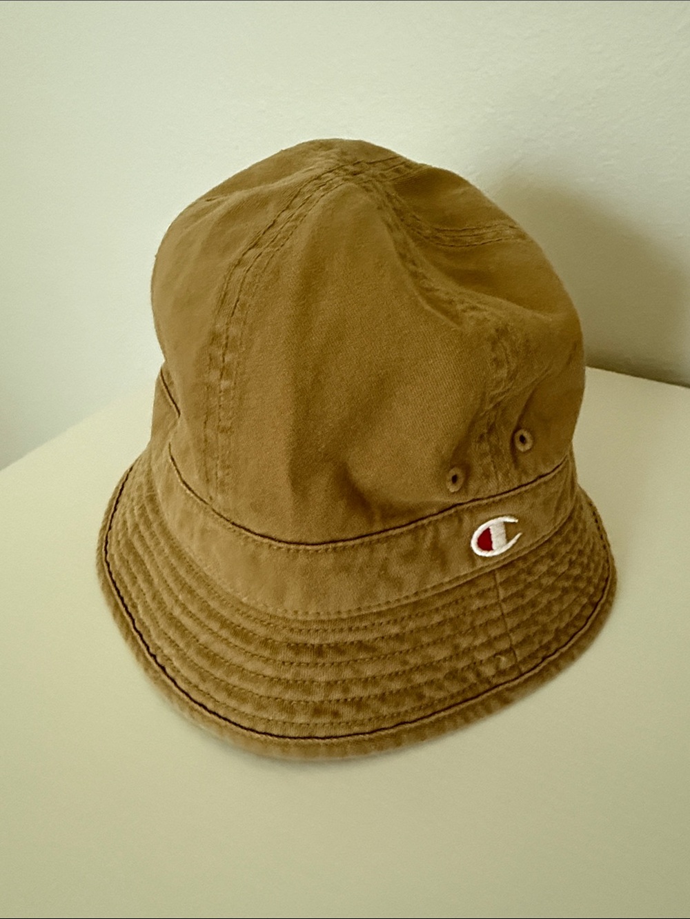 Champion Tan Canvas Bucket Hat with Embroidered Logo (bought in Japan)